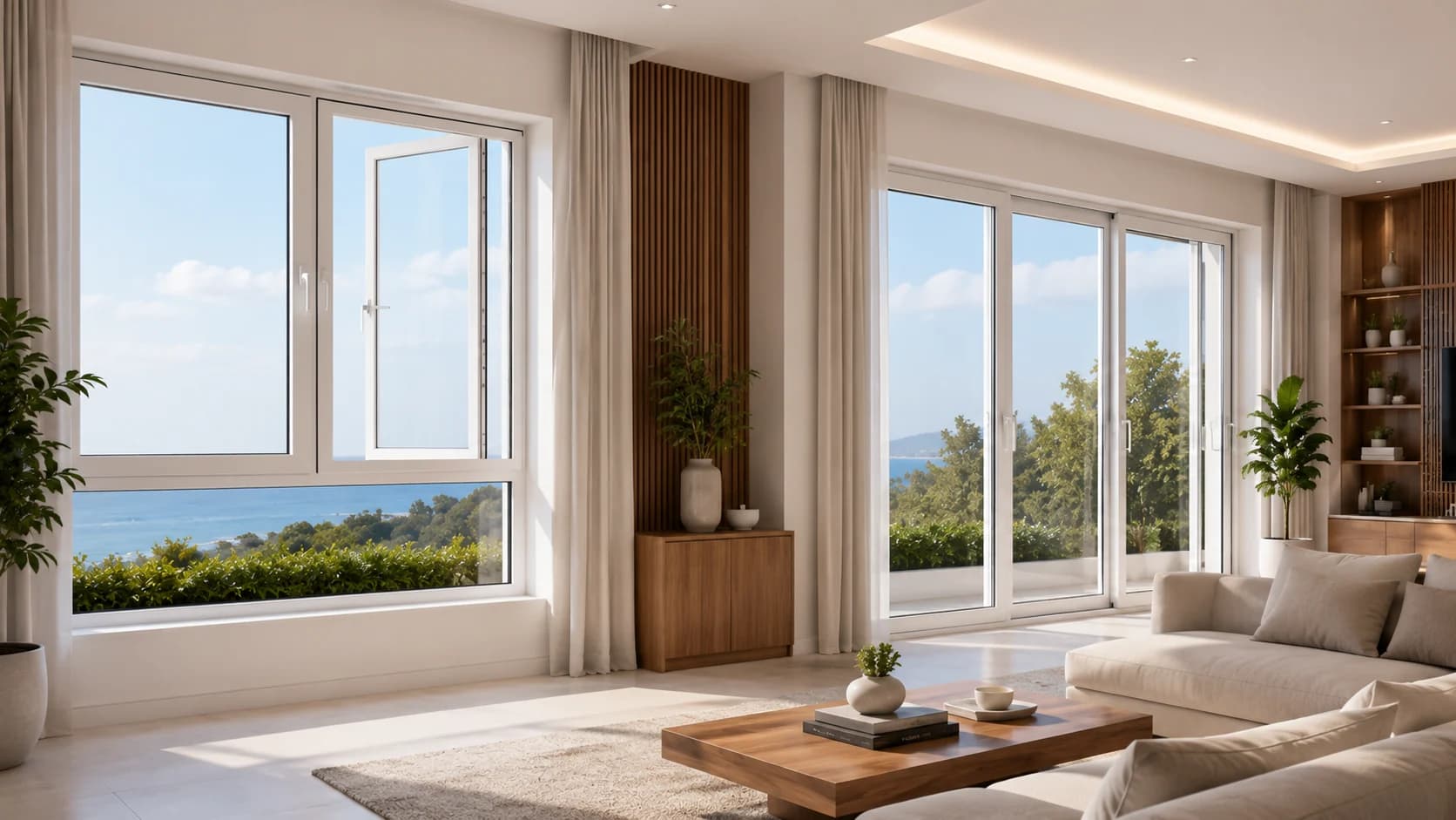 Installed uPVC window corner with sky view